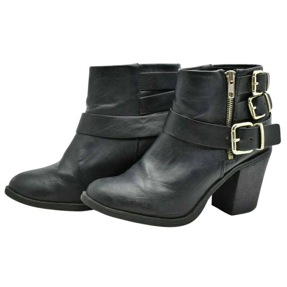 Divided Black Faux Leather Ankle Booties Womens 7 M Triple Buckle Heeled Boots